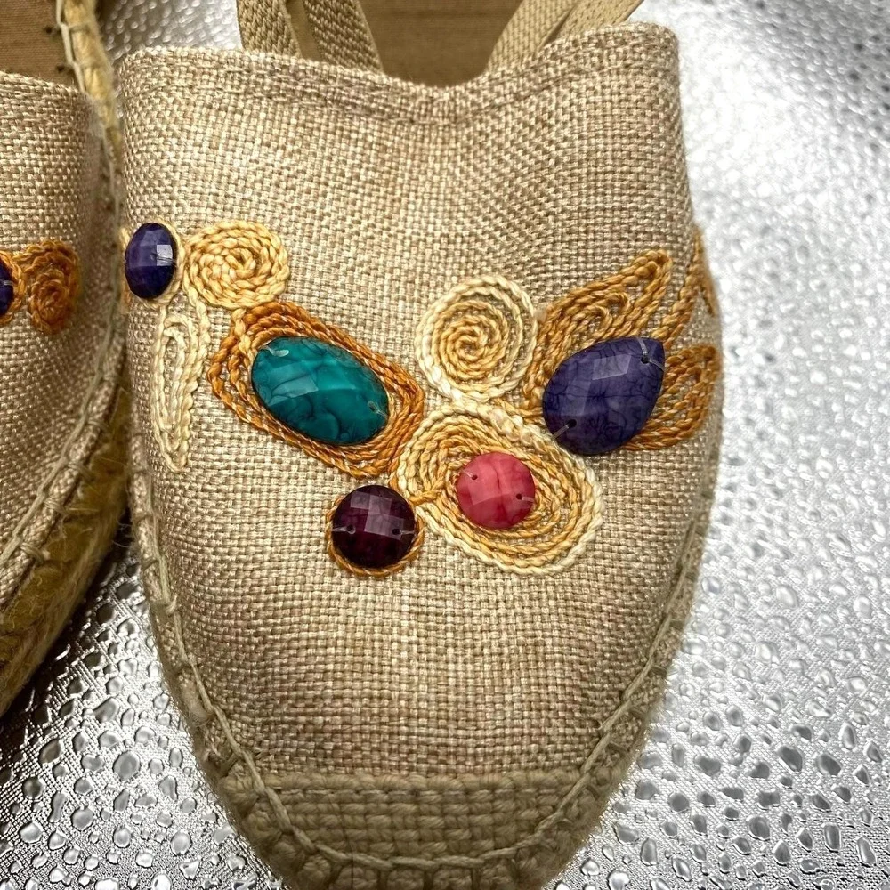 Vidorreta Espadrille Wedge Sandal Shoes Women 11 Beige Linen Gemstone Boho Spain